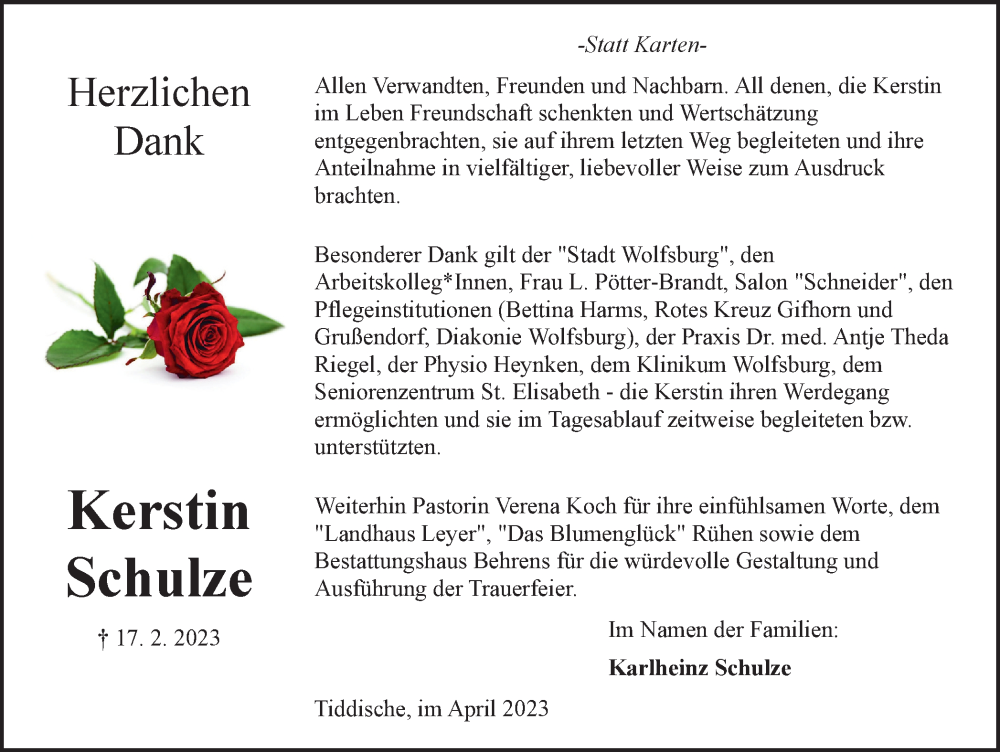  Traueranzeige für Kerstin Schulze vom 01.04.2023 aus Wolfsburger Nachrichten