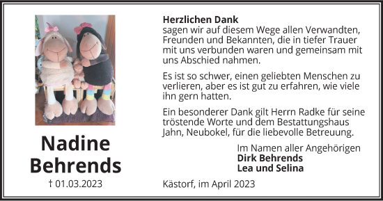 Traueranzeige von Nadine Behrends von Wolfsburger Nachrichten