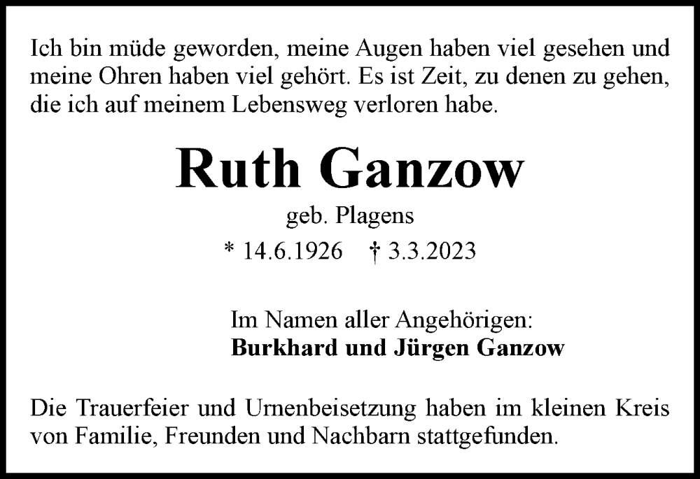  Traueranzeige für Ruth Ganzow vom 08.04.2023 aus Braunschweiger Zeitung