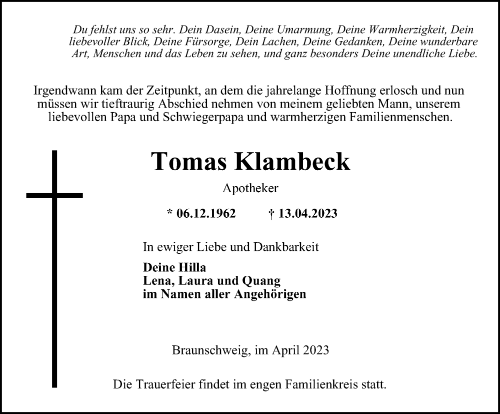  Traueranzeige für Tomas Klambeck vom 22.04.2023 aus Braunschweiger Zeitung