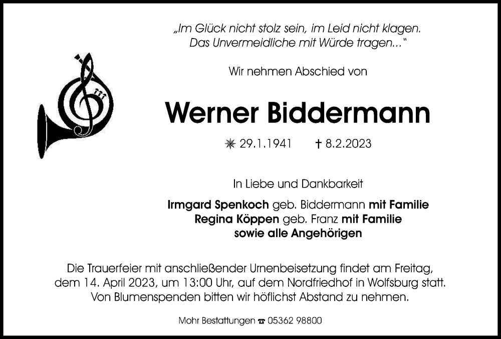  Traueranzeige für Werner Biddermann vom 01.04.2023 aus Wolfsburger Nachrichten