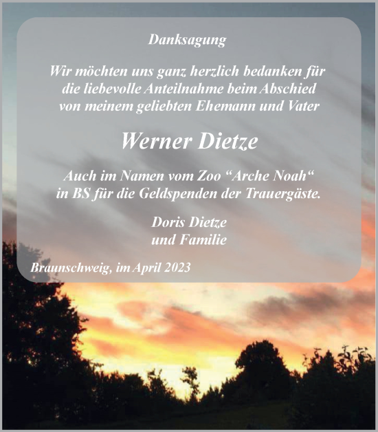 Traueranzeige von Werner Dietze von Braunschweiger Zeitung
