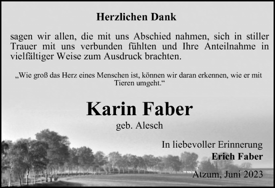 Traueranzeige von Karin Faber von Wolfenbütteler Zeitung