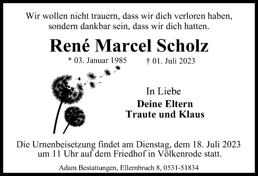 Traueranzeige für René Marcel Scholz vom 08.07.2023 aus Braunschweiger Zeitung