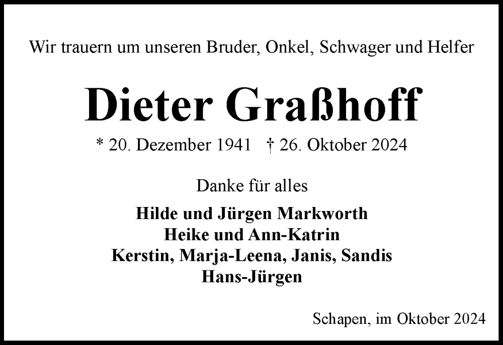  Traueranzeige für Dieter Graßhoff vom 30.10.2024 aus Braunschweiger Zeitung