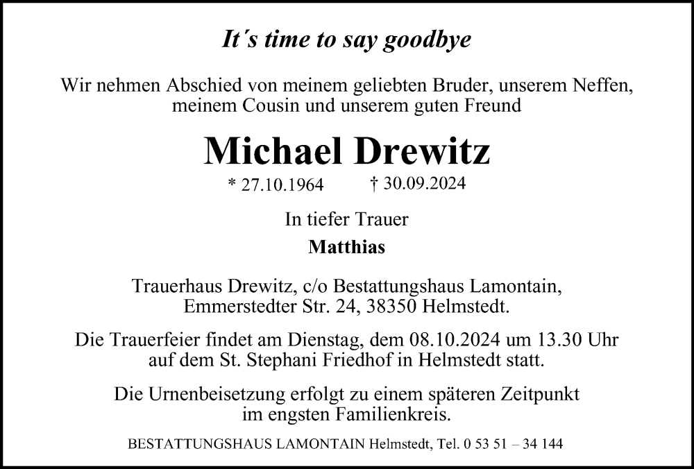  Traueranzeige für Michael Drewitz vom 05.10.2024 aus Helmstedter Nachrichten