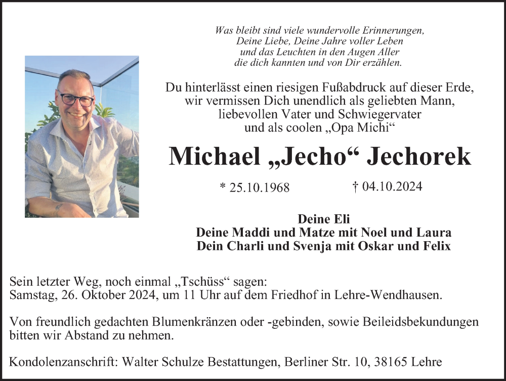  Traueranzeige für Michael Jechorek vom 19.10.2024 aus Wolfsburger Nachrichten, Helmstedter Nachrichten