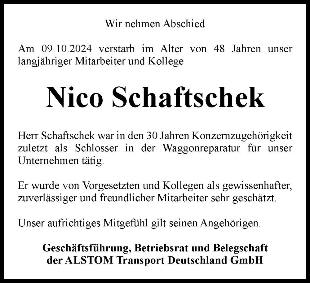  Traueranzeige für Nico Schaftschek vom 26.10.2024 aus Salzgitter-Zeitung