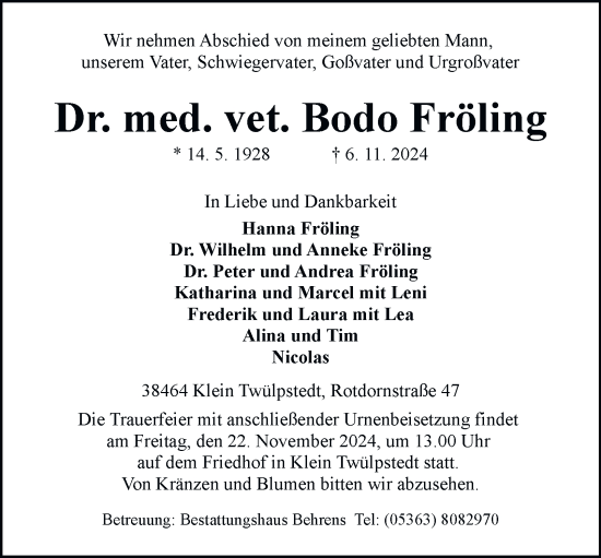 Traueranzeige von Bodo Fröling von Helmstedter Nachrichten