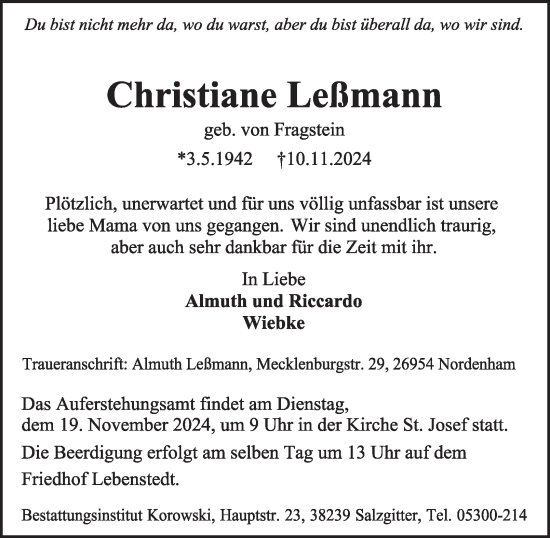 Traueranzeige von Christiane Leßmann von Salzgitter-Zeitung