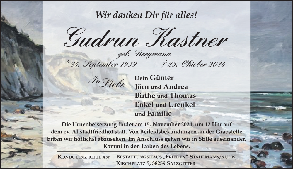  Traueranzeige für Gudrun Kastner vom 02.11.2024 aus Salzgitter-Zeitung
