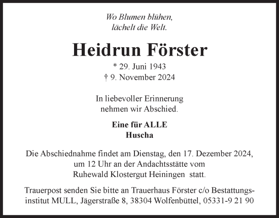 Traueranzeige von Heidrun Förster von Wolfenbütteler Zeitung