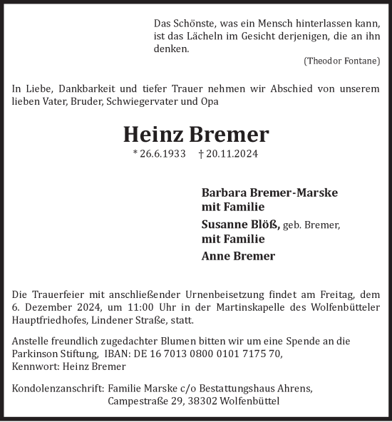 Traueranzeige von Heinz Bremer von Wolfenbütteler Zeitung