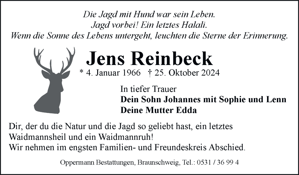  Traueranzeige für Jens Reinbeck vom 09.11.2024 aus Wolfenbütteler Zeitung