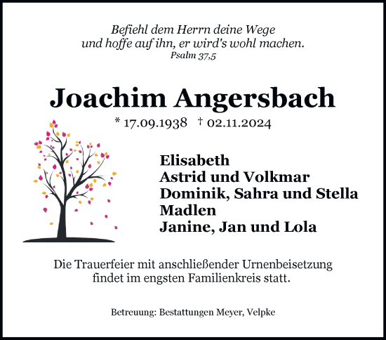 Traueranzeige von Joachim Angersbach von Helmstedter Nachrichten