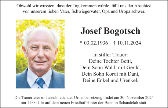 Traueranzeige von Josef Bogotsch von Wolfenbütteler Zeitung