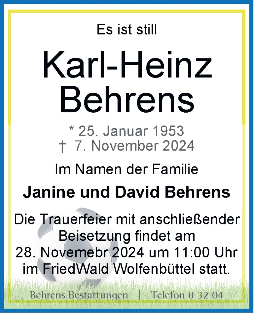  Traueranzeige für Karl-Heinz Behrens vom 23.11.2024 aus Neue Braunschweiger am Samstag