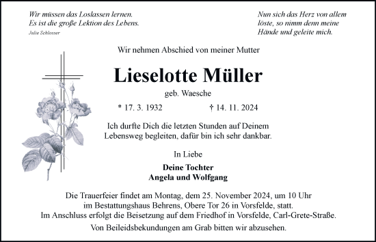 Traueranzeige von Lieselotte Müller 