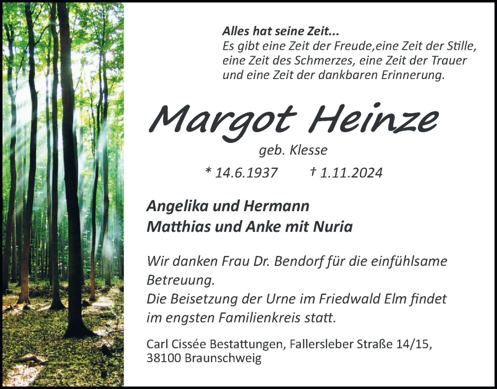  Traueranzeige für Margot Heinze vom 09.11.2024 aus 