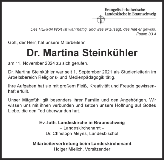 Traueranzeige von Martina Steinkühler 