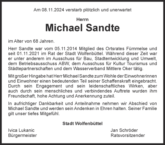 Traueranzeige von Michael Sandte von Wolfenbütteler Zeitung