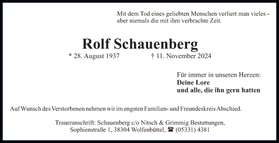 Traueranzeige von Rolf Schauenberg von Wolfenbütteler Zeitung