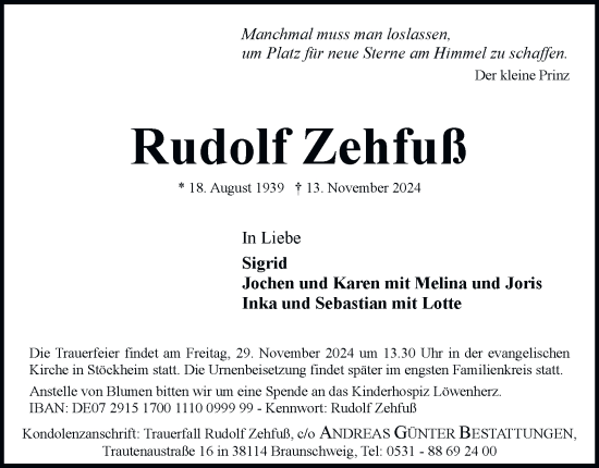 Traueranzeige von Rudolf Zehfuß 