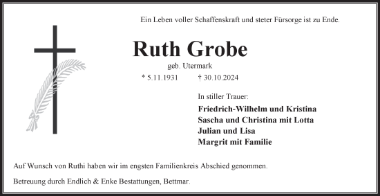 Traueranzeige von Ruth Grobe von Peiner Nachrichten