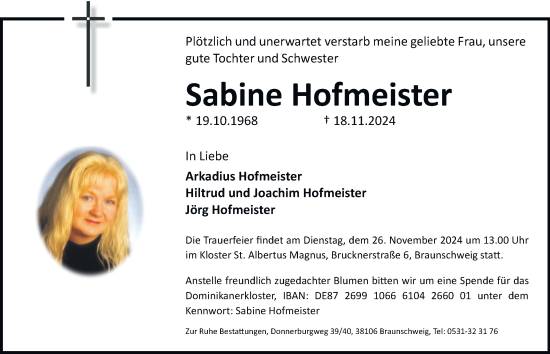 Traueranzeige von Sabine Hofmeister 