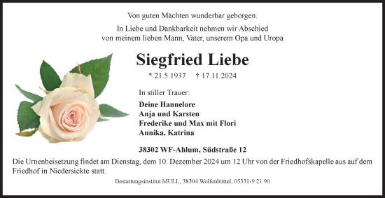 Traueranzeige von Siegfried Liebe von Wolfenbütteler Zeitung