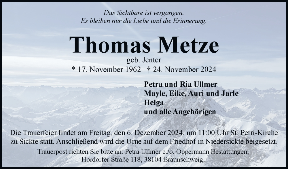  Traueranzeige für Thomas Metze vom 30.11.2024 aus 