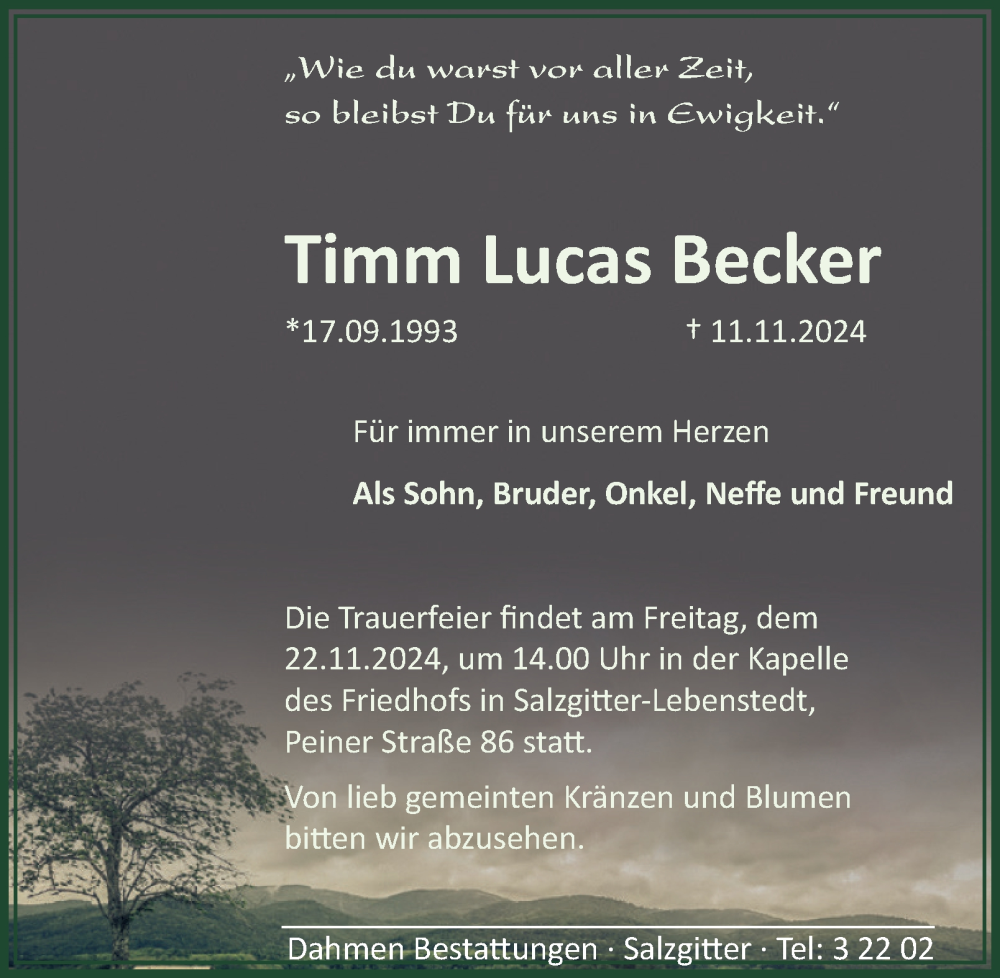  Traueranzeige für Timm Lucas Becker vom 20.11.2024 aus Salzgitter-Zeitung