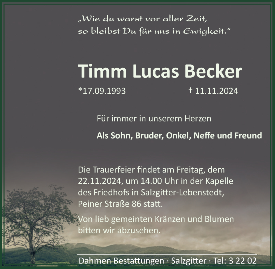 Traueranzeige von Timm Lucas Becker von Salzgitter-Zeitung