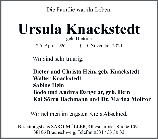 Traueranzeige von Ursula Knackstedt 