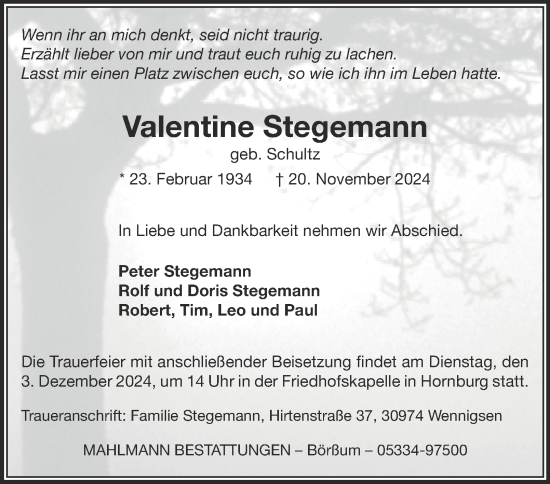 Traueranzeige von Valentine Stegemann von Wolfenbütteler Zeitung