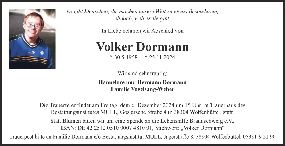  Traueranzeige für Volker Dormann vom 30.11.2024 aus 