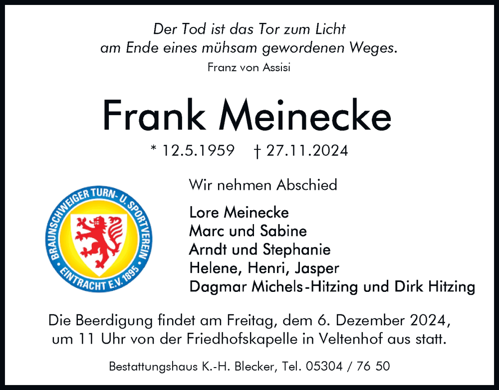  Traueranzeige für Frank Meinecke vom 03.12.2024 aus 