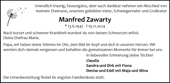 Traueranzeige von Manfred Zawarty 