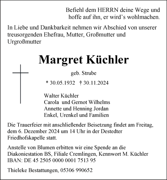 Traueranzeige von Margret Küchler von Wolfenbütteler Zeitung