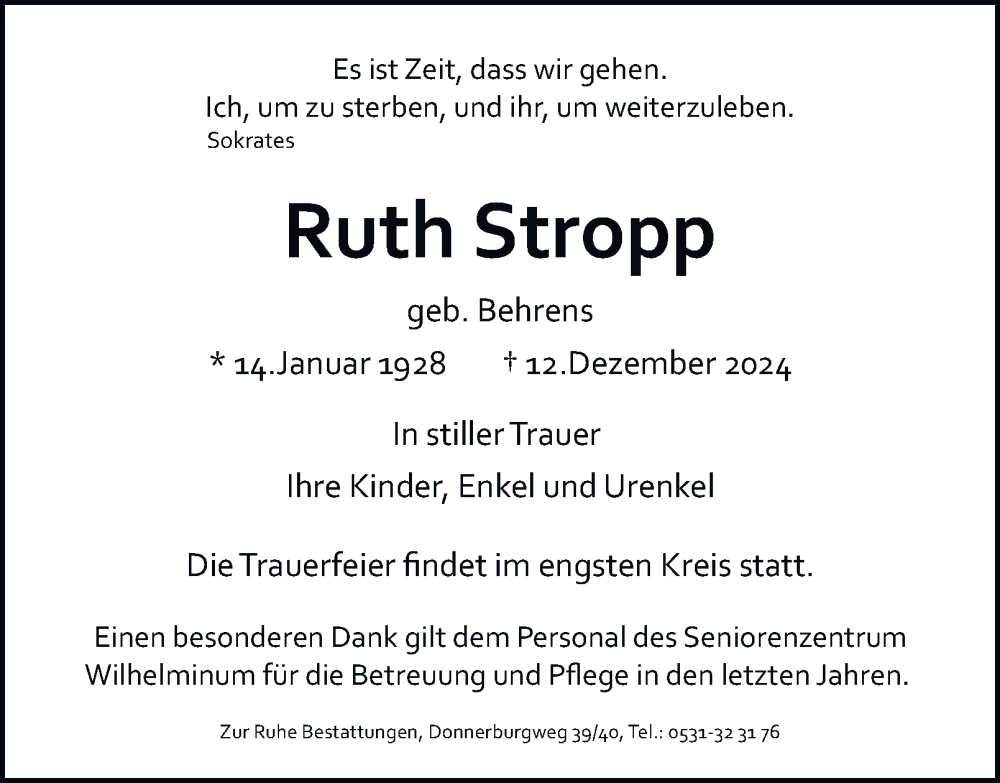  Traueranzeige für Ruth Stropp vom 20.12.2024 aus 