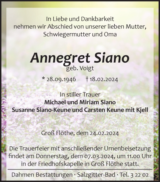 Traueranzeige von Annegret Siano von Salzgitter-Zeitung