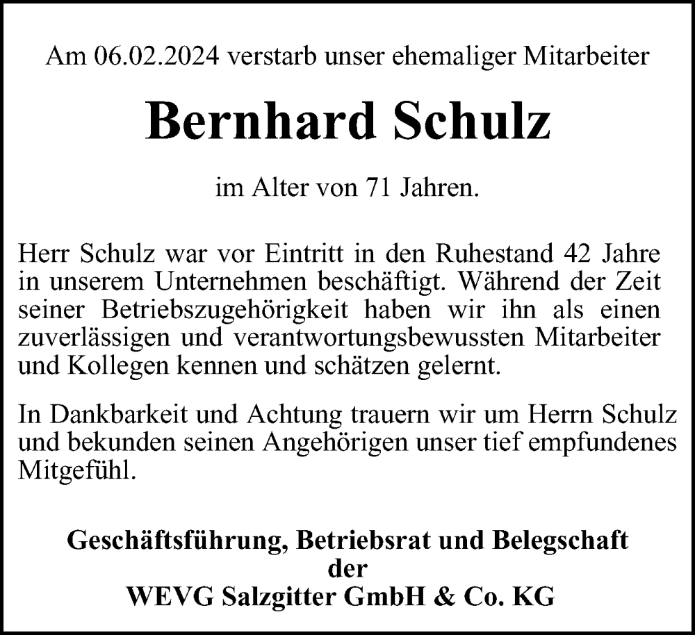  Traueranzeige für Bernhard Schulz vom 23.02.2024 aus Salzgitter-Zeitung