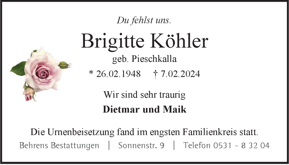  Traueranzeige für Brigitte Köhler vom 24.02.2024 aus Braunschweiger Zeitung