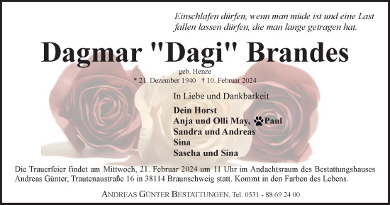 Traueranzeige von Dagmar Brandes von Braunschweiger Zeitung