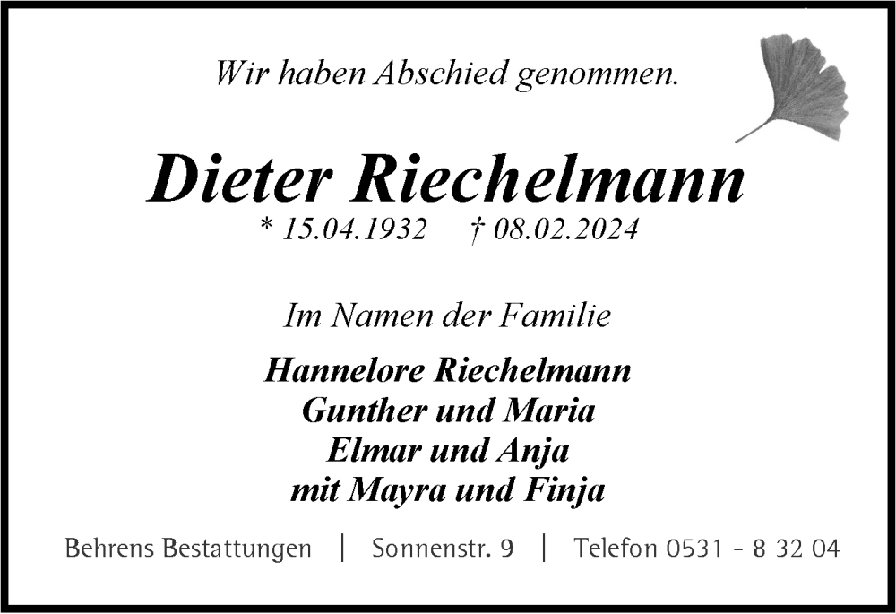  Traueranzeige für Dieter Riechelmann vom 24.02.2024 aus Braunschweiger Zeitung