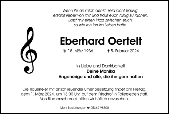 Traueranzeige von Eberhard Oertelt von Wolfsburger Nachrichten