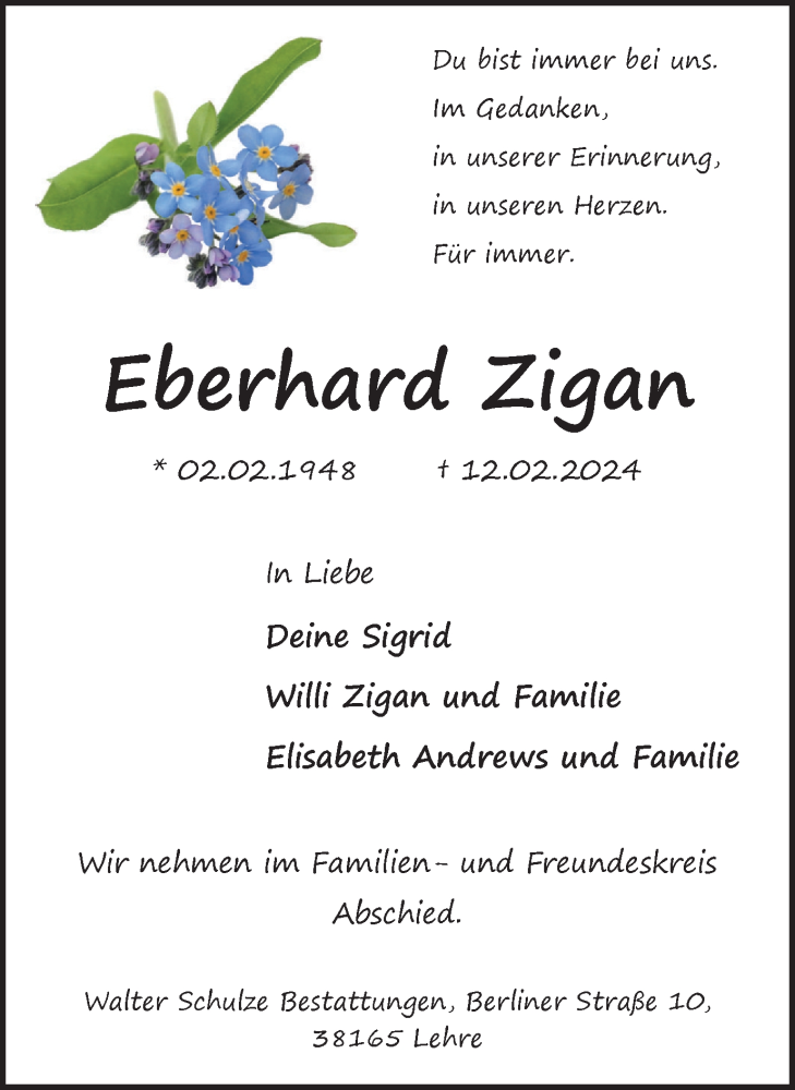  Traueranzeige für Eberhard Zigan vom 16.02.2024 aus Helmstedter Nachrichten