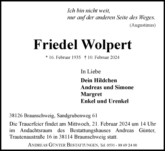 Traueranzeige von Friedel Wolpert von Braunschweiger Zeitung