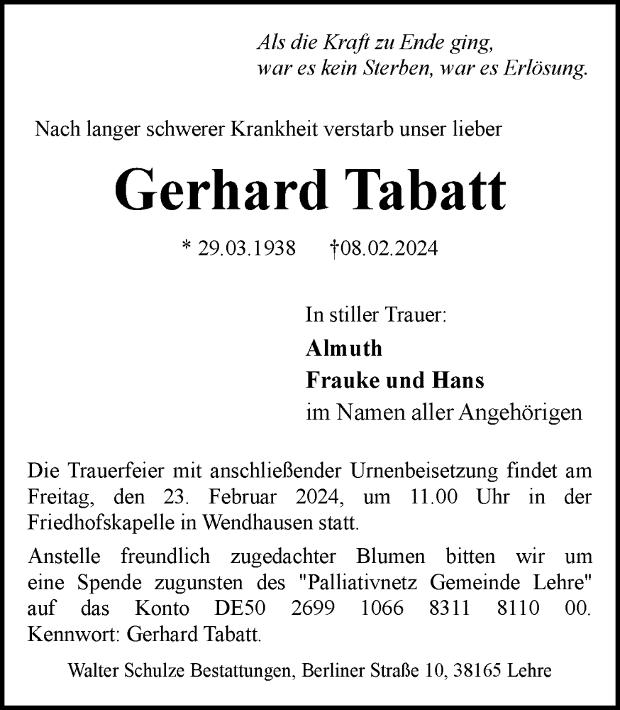  Traueranzeige für Gerhard Tabatt vom 14.02.2024 aus Braunschweiger Zeitung