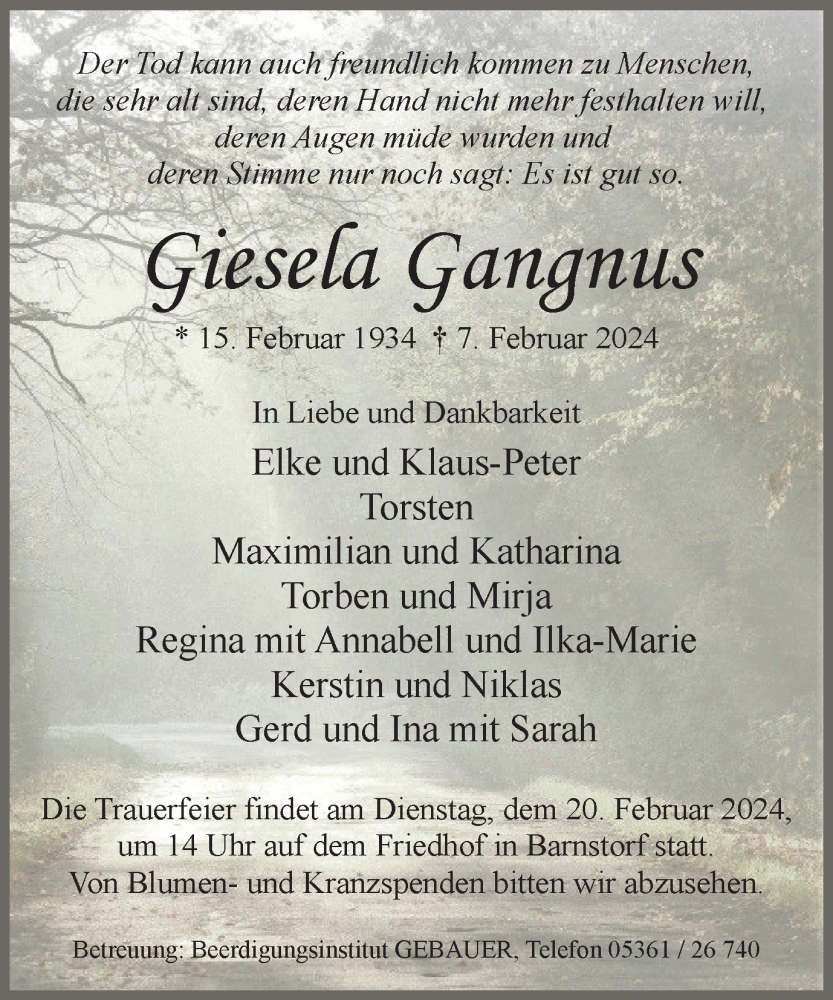  Traueranzeige für Giesela Gangnus vom 14.02.2024 aus Wolfsburger Nachrichten